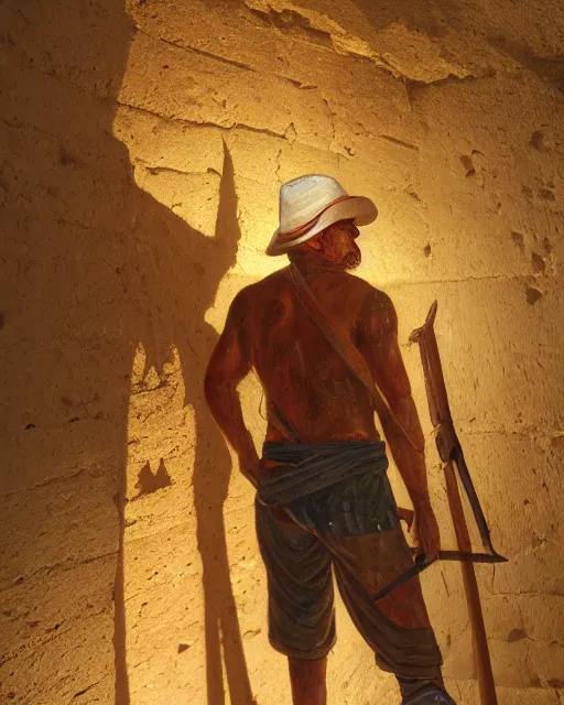 Prompt: detailed painting of an american lumberjack in the tomb of toutankhamon of egypt, deep focus, good lighting, rules of composition, intricate, greg rutkowski, magali villeneuve and monet