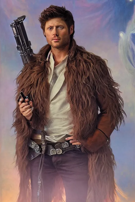 Image similar to a detailed matte portrait of an jensen ackles dressed as has solo and misha collins as chewbacca, masterpiece, 8 k, art by alphonse mucha and greg rutkowski