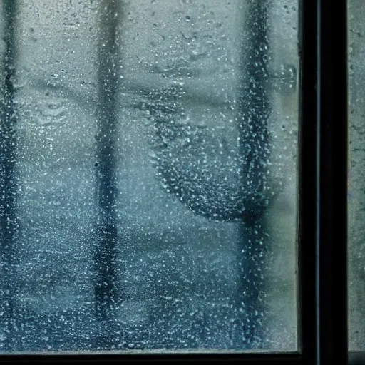 Image similar to photo of dark blue rainy bedroom window at night, creepy man staring in through thr window,