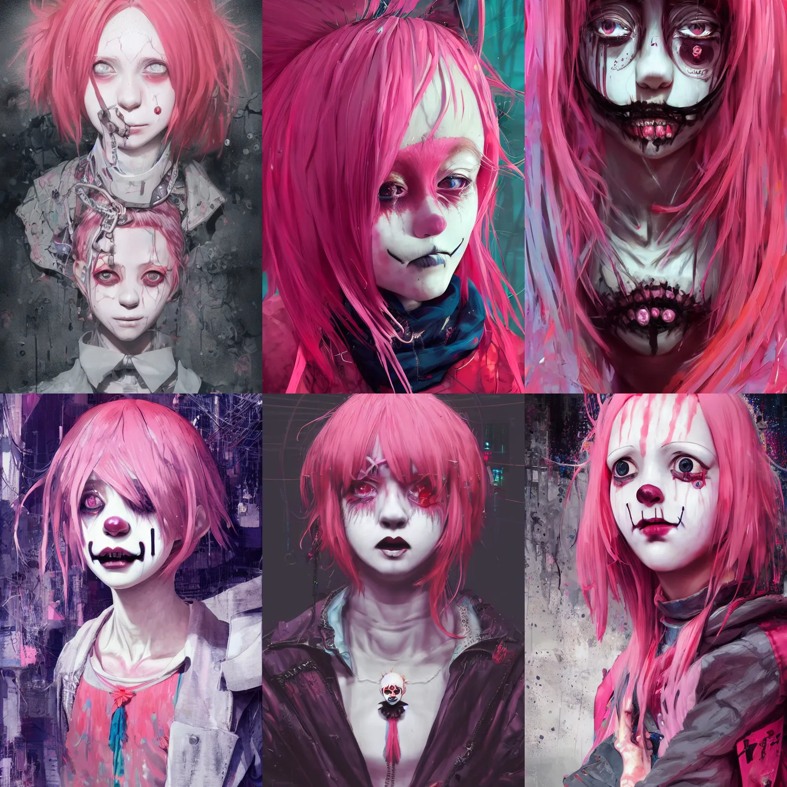 Image similar to by kyoto animation, very creepy clown girl pink hair, tears from the eyes, wearing cyberpunk intricate streetwear, beautiful, detailed portrait, intricate complexity, ilya kuvshinov, cell shaded, 4 k, concept art, by wlop, ilya kuvshinov, greg rutkowski, sharp focus, volumetric lighting, cinematic lighting