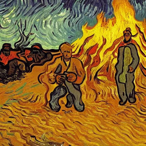 Image similar to painting of a man in hell making smores, by van gogh.