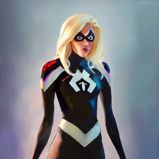 Image similar to greg manchess portrait painting of partially armored spidergwen as overwatch character, medium shot, asymmetrical, profile picture, organic painting, sunny day, matte painting, bold shapes, hard edges, street art, trending on artstation, by huang guangjian, gil elvgren, ruan jia, greg rutkowski, gaston bussiere