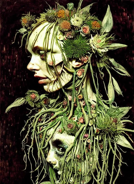 Image similar to beautiful and detailed rotten woman made of plants and many different types of flowers, muscles, intricate, organs, ornate, surreal, john constable, guy denning, dan hillier, manera, van gogh, caravaggio