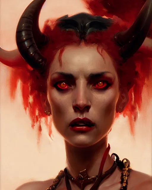 Image similar to painted close - up portrait of a red - skinned intimidating demon girl with ram horns. oil painting, wearing a noblewoman's outfit, fantasy art by greg rutkowski and john singer sargent and gaston bussiere and greg rutkowski, demon noble character design, hd