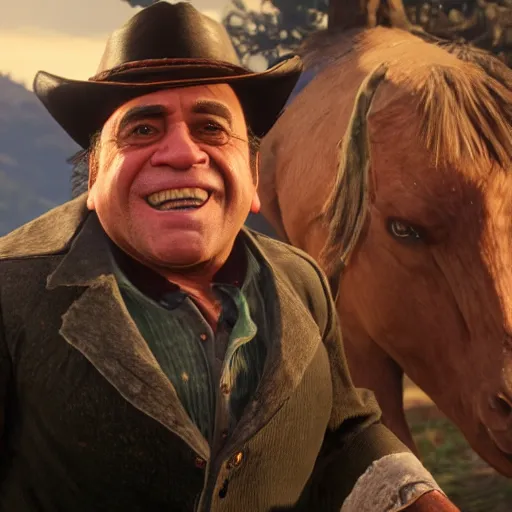 Prompt: An in-game screenshot of Danny Devito in Red Dead Redemption 2 (2018)