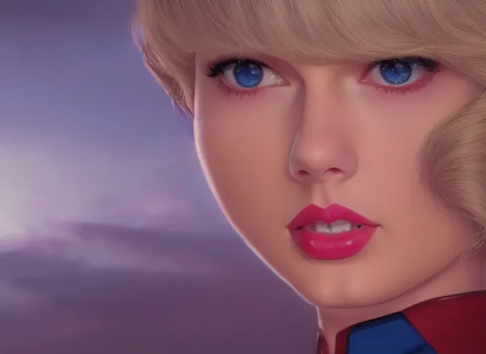 Image similar to a disney film still of taylor swift as a star trek officer, finely detailed features, closeup of the face, perfect art, dusk, blue hour, gapmoe yandere grimdark, trending on pixiv fanbox, painted by greg rutkowski, makoto shinkai, takashi takeuchi, alphonse mucha, akihiko yoshida