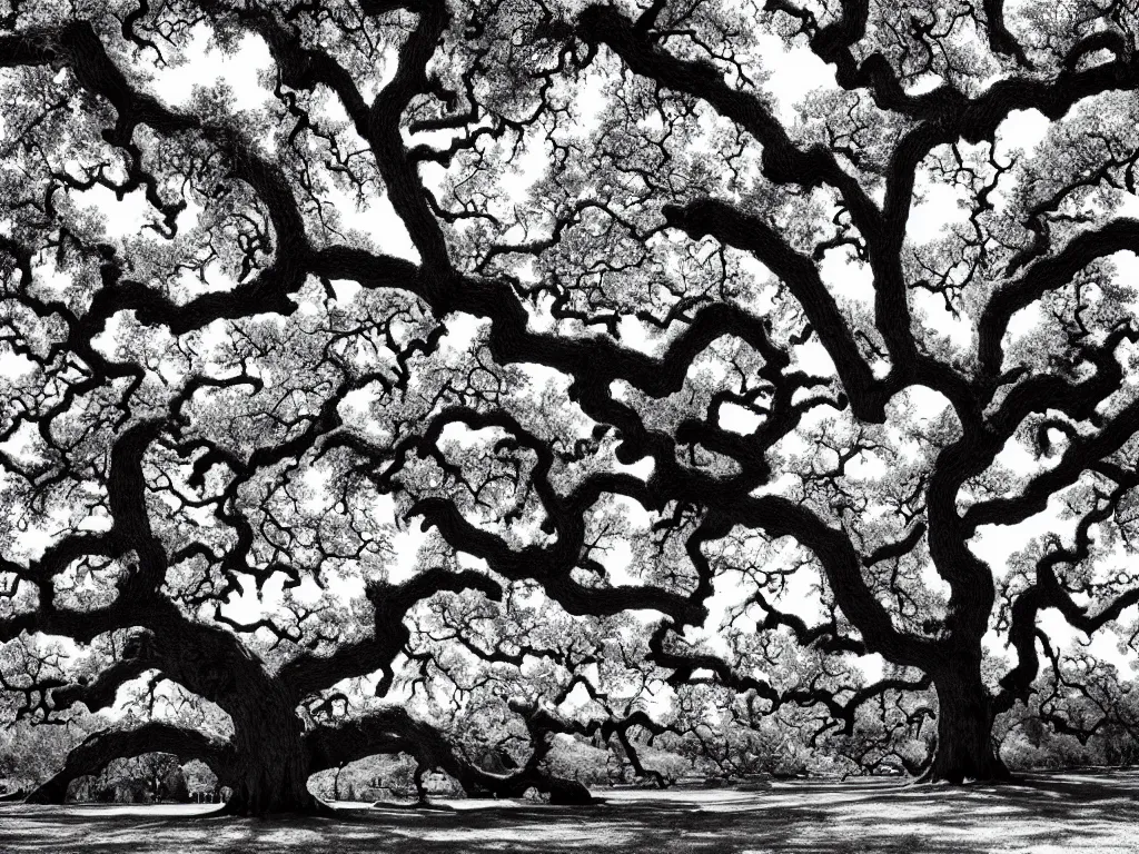 Prompt: the very beautyful highly detailed gravure of the large oak tree