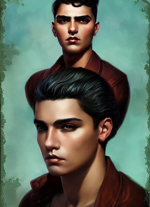 Prompt: a magical portrait of a handsome latino male gang member with dark brown eyes and short blackhair, art by manuel sanjulian and tom bagshaw