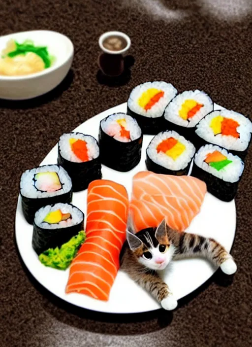 Image similar to clear photorealistic picture of adorable cats made out of sushi