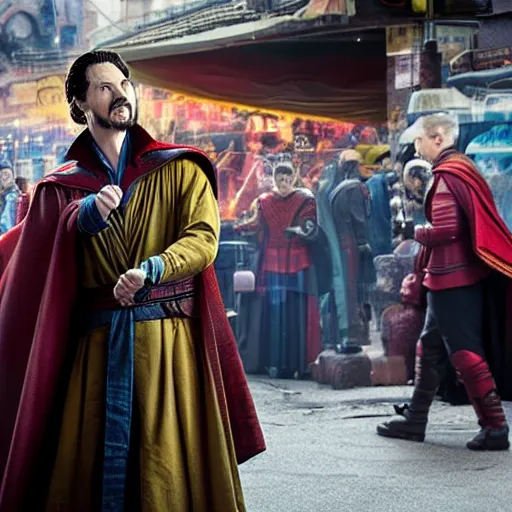 Prompt: a photo of Doctor Strange ((from Marvel)) asking for a bargain at the flea market, 8k UHD