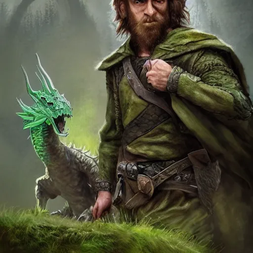 Image similar to a rugged warrior hobbit in leather armor with very short hair and a dark green cloak and dark green hood hiking through the forest with his pet dragon holding a hunting bow, clean shaven, trending on artstation, realistic, detailed, by Tony Sart