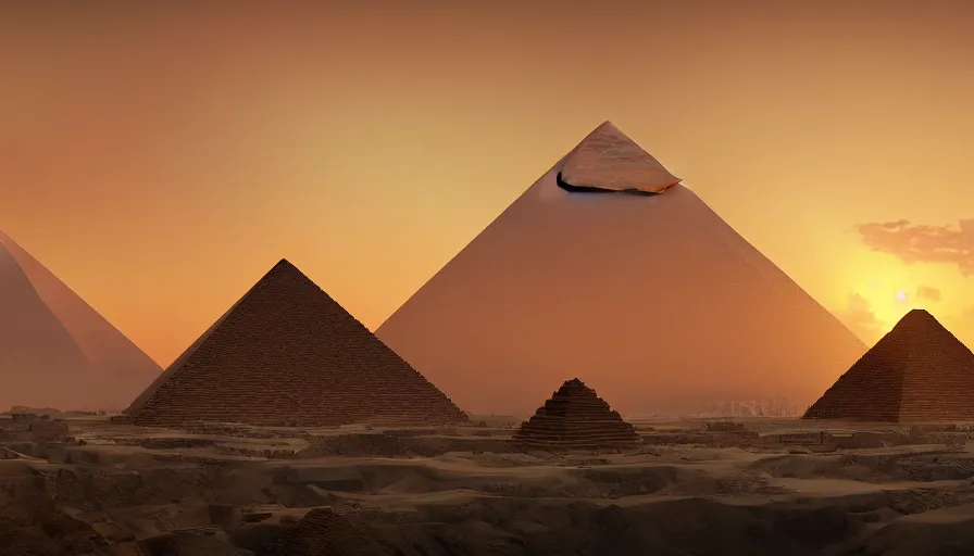 Prompt: Sunrise behind the Giza pyramid complex, hyperdetailed, artstation, cgsociety, 8k