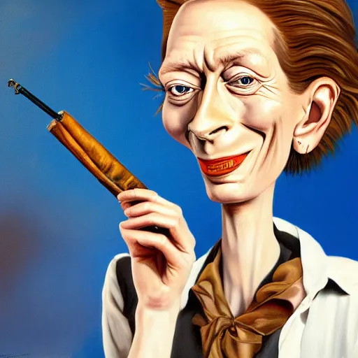 Prompt: an oil painted caricature of tilda swinton with a cuban cigar in her hand, blowing out smoke, by salvador dalí, trending on art station, 4K, studio ghibli color scheme