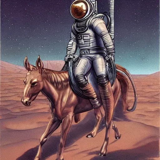 Image similar to Centaur wearing a spacesuit. Concept art by James Gurney and Moebius.