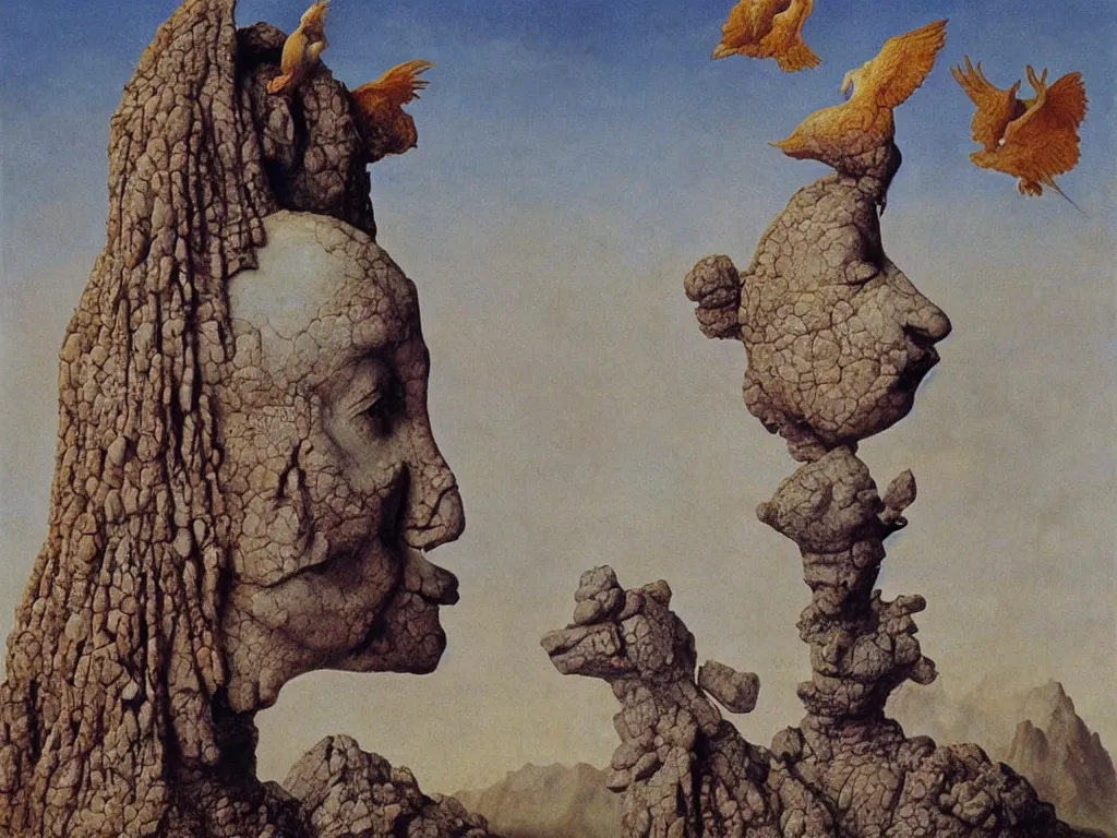 Image similar to Albino mystic with his back turned, looking in the distance in the mountains at giant totemic archaic sculpture mask sculpted temple from Lapis Lazuli with beautiful exotic dove. Painting by Jan van Eyck, Beksinski, Audubon, Rene Magritte, Agnes Pelton, Max Ernst, Walton Ford