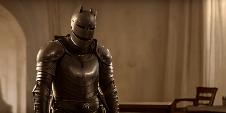 Prompt: still frame from a movie, wide shot of an relieved ben affleck in a 15th century knight suit, centerframe, medieval background, rule of third, alexa 65, cooke prime 25mm, cinematic, film grain, flare