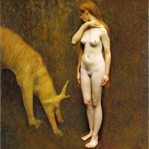 Prompt: the restraint of beasts, by Odd Nerdrum and Gustav Klimt, oil on canvas, beautiful, eerie, surreal, colorful