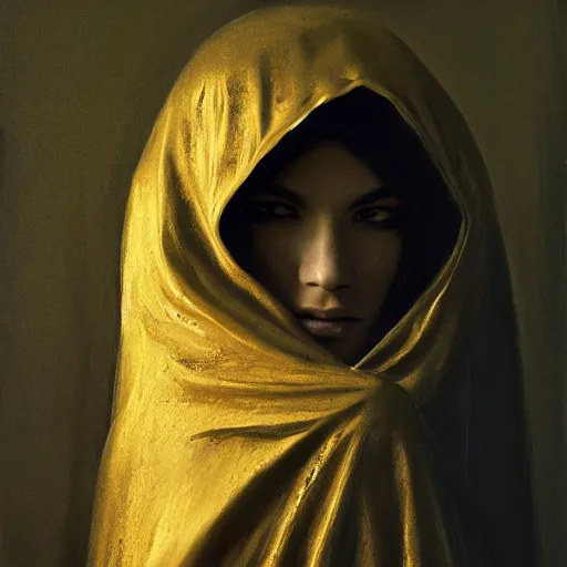 Image similar to a portrait of a young woman wearing a long dark cloak, hood and shadows covering face, holding golden chains, oil painting, matte painting, black background, Volumetric Golden dappled dynamic lighting, Highly Detailed, Cinematic Lighting, Unreal Engine, 8k, HD, by Beksinski