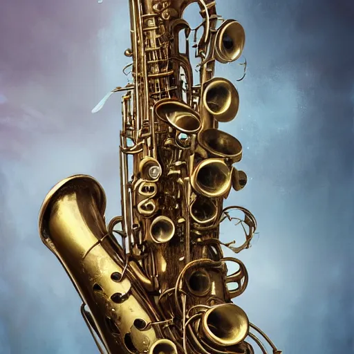 Image similar to hyperrealistic mixed media image of a saxophone cephalopod, stunning 3 d render inspired art by greg rutkowski and xiang duan and thomas eakes, perfect symmetry, realistic, highly detailed attributes and atmosphere, dim volumetric cinematic lighting, 8 k octane extremely hyper - detailed render, post - processing, masterpiece,