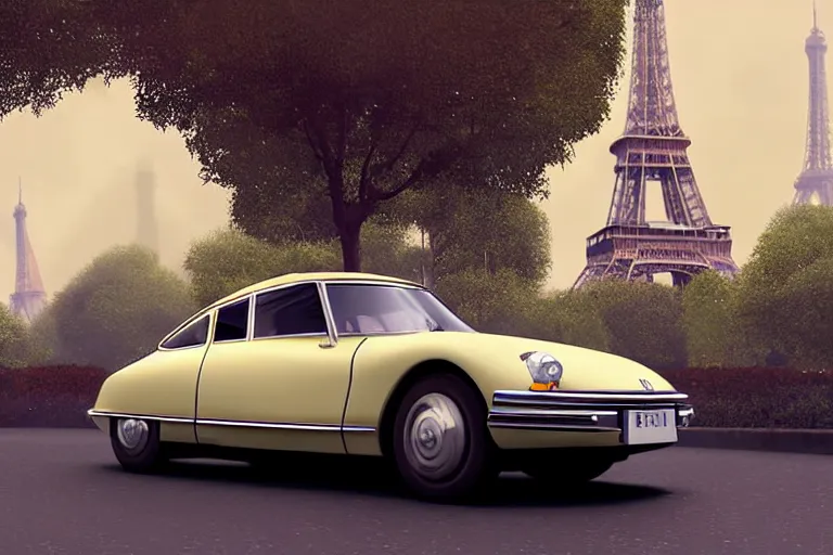 Prompt: a wholesome animation key shot of!! one!! focused! 1 9 7 4 citroen ds! in a tree lined paris street with a view of eiffel tower, medium shot, studio ghibli, ( pixar ) and disney animation, sharp, very detailed, high resolution, rendered in unreal engine 5, anime key art by greg rutkowski, bloom, dramatic lighting