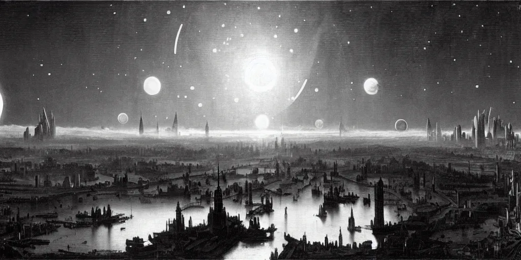 Image similar to planetary city, 2 suns on the horizon by ansel adams and bernardo bellotto