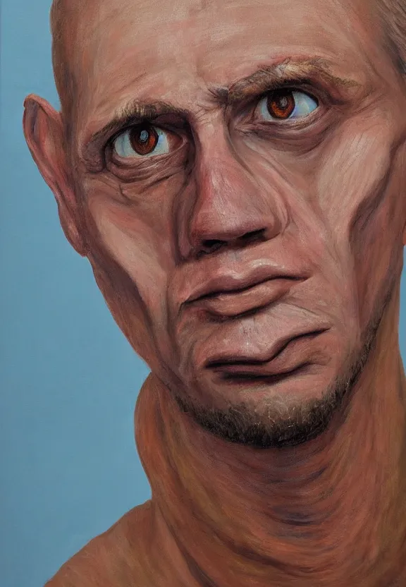 Prompt: Painted portrait of an unbrushed man without nose and without mouth, but with one enormous eye in the center of the forehead. High detail, hyperrealism, fantasy art, 8k