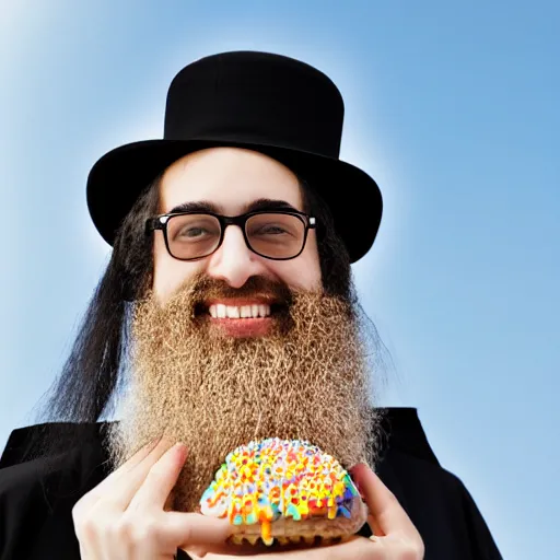 Prompt: hyper realistic close up portrait of hasidic man smiling while holding an rainbow sprinkle ice cream cone with a sunny background