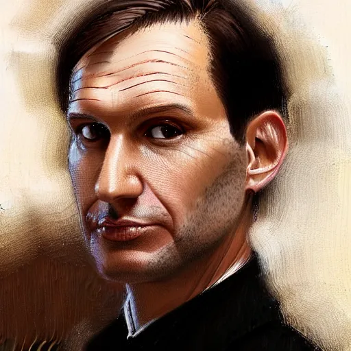 Image similar to Portrait of a stern workaholic office man by Greg Rutkowski, he is about 40 years old, mixture between russian and irish, side parted combover brown hair, attractive, NARROW very very very very sharp face ANGULAR hawkish facial features, hooked nose , extremely pale white skin, smart looking, he is wearing a black trenchcoat, highly detailed portrait, scifi, digital painting, artstation, concept art, smooth, sharp foccus ilustration, Artstation HQ