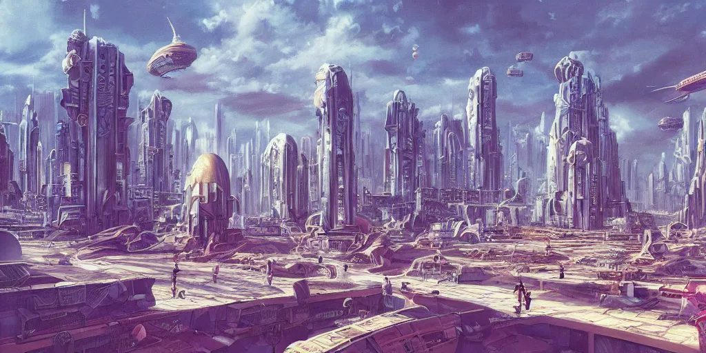 Prompt: a beautiful painting of futuristic islamic city with croweded street alot of people by angus mckie, trending on artstation