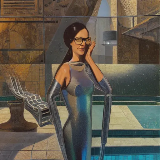 Image similar to detailed face of an arabic woman, travertine and stainless steel courtyard, clear pool, tectonic sky, skydome, reactor, utopian, tech noir, wet reflections, prism, atmospheric, ambient, pj crook, syd mead, livia prima, artgerm, greg rutkowski, nick alm, casey baugh