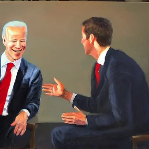 Image similar to mark zuckerberg talks to joe biden, oil painting, ideal, painting