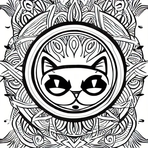 Image similar to tattoo sketch of a cat hugging the sun, on a canva, polynesian style, ornamental, line art, vector,