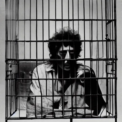 Prompt: bob dylan in a small cage, surrounded by other caged animals, photograph