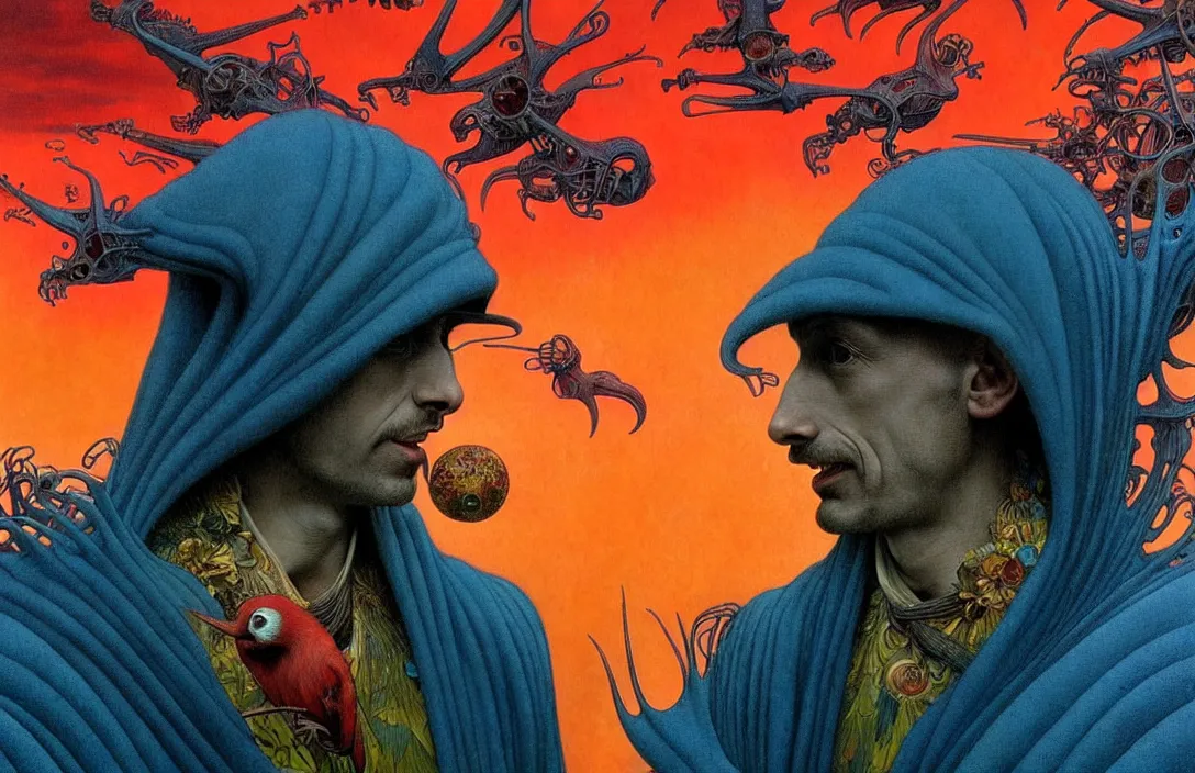 Image similar to realistic detailed portrait movie shot of a birdman wearing a dark robes, sci fi city landscape background by denis villeneuve, amano, yves tanguy, alphonse mucha, ernst haeckel, max ernst, roger dean, masterpiece, rich moody colours, dog teeth, blue eyes, sunset