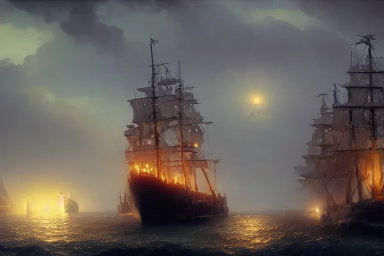 Prompt: An enormous warship with cannons and lanterns in the dark night, painting by Ivan Aivazovsky and Greg Rutkowski, artstation, fantasy, intricate, beautiful, cinematic, octane render, arnold render, 8k, hyper realism, detailed, sharp focus, 4k uhd, masterpiece, award winning