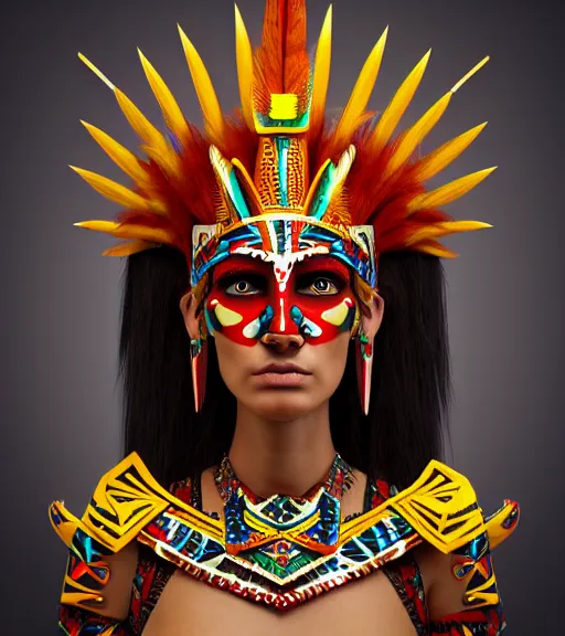 Image similar to character design, aztec warrior goddess with beautiful woman face, crown of very long feathers, full body, glowing aztec tattoos, beautiful, dark fantasy, super - resolution, ultra - hd, 1 0 8 0 p, vray