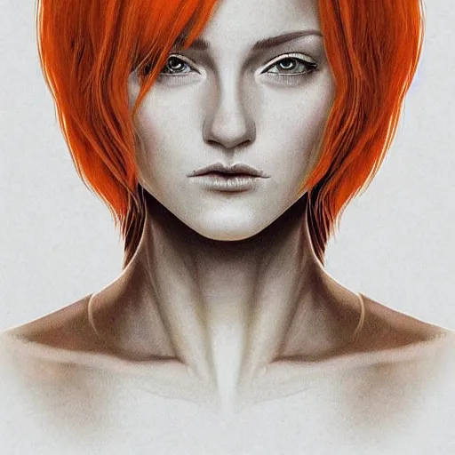 Prompt: a symmetrical portrait of a beautiful orange - haired woman, face and shoulders, concept art, intricate, aesthetic!!!!!, god rays, dramatic, ultra detailed