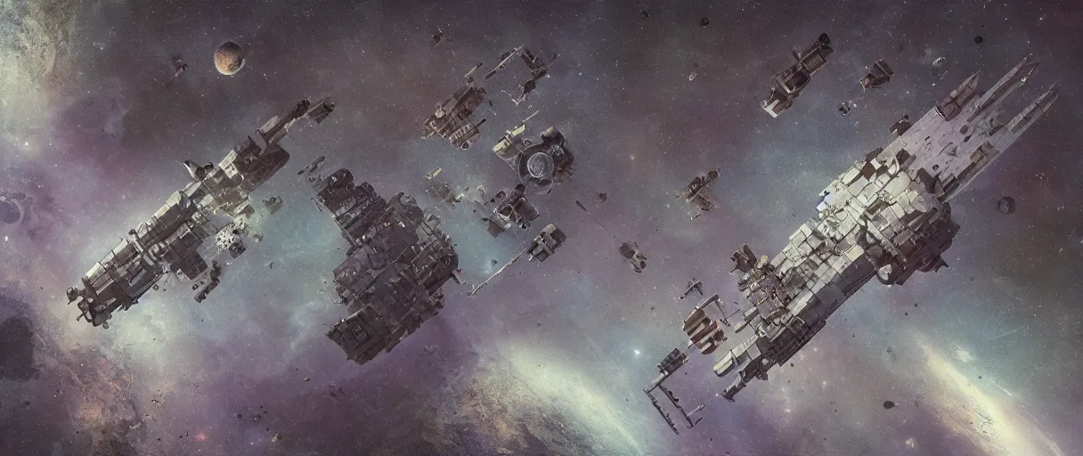 Image similar to tiny spaceship!!, deep space exploration!!!, flying, the expanse tv series, industrial design, the final frontier, illustrative!!, punk, space pirate, painterly, hyperdetailed, hyperrealistic, utilitarian cargo ship, underexposed, cinematic lighting, 4k, wide angle, beksinski