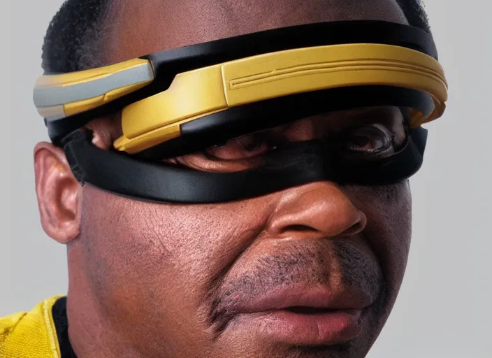 Image similar to a hyper realistic ultra realistic photograph of Commander Geordi La Forge wearing his visor, highly detailed, 8k photograph