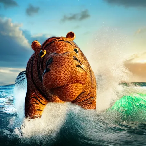 Image similar to a closeup photorealistic photograph of a cute smiling knitted tiger hippopotamus riding an epic wave at sunset. surf in the background. professional capture. brightly lit scene. this 4 k hd image is trending on artstation, featured on behance, well - rendered, extra crisp, features intricate detail, epic composition and the style of unreal engine.