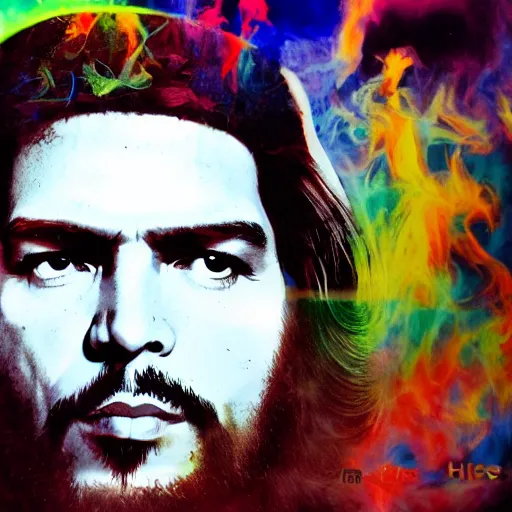 Image similar to colour masterpiece surreal closeup portrait photography of che guevara by miho hirano and annie leibovitz and michael cheval, psychedelic smoke background, 8 k