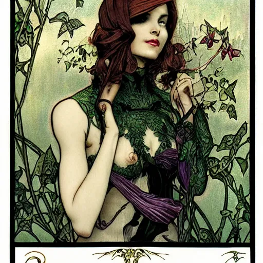 Image similar to a beautiful and detailed tarot card of a seductive poison ivy dressed as a lawyer in the big city, dark eyeliner, intricate, elegant, highly detailed, digital painting, artstation, concept art, matte, sharp focus, illustration, art by rebecca guay and by arthur rackham and by alphonse mucha and by john william waterhouse