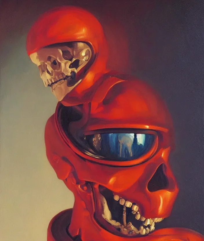 Image similar to a portrait of an astronaut with a skull head, highly detailed oil painting by josep tapiro baro and edward hopper, trending on artstation, oil painting masterpiece, mysterious, very aesthetic, cinematic and dramatic red light, 4 k,