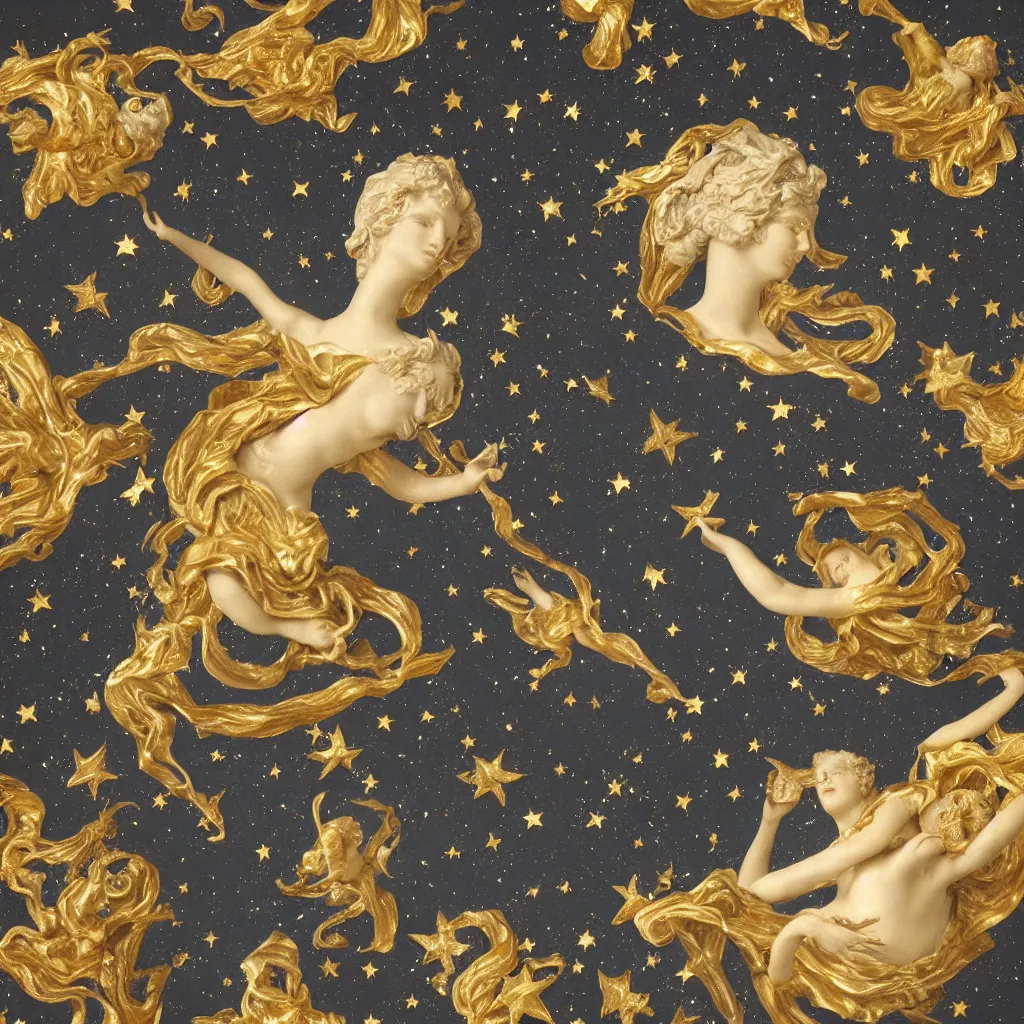 Image similar to baroque woman marble and gold in space, stars, clouds