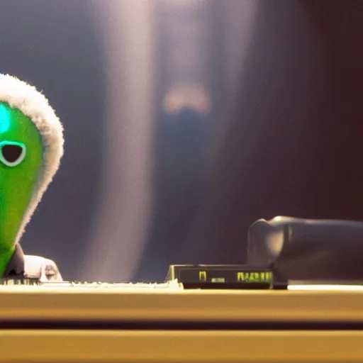 Image similar to cinematic film still of Pharrell Williams Making A Beat with an anthropomorphic alien, Japanese VFX, 2018, 400mm lens, f1.8, shallow depth of field,film photography