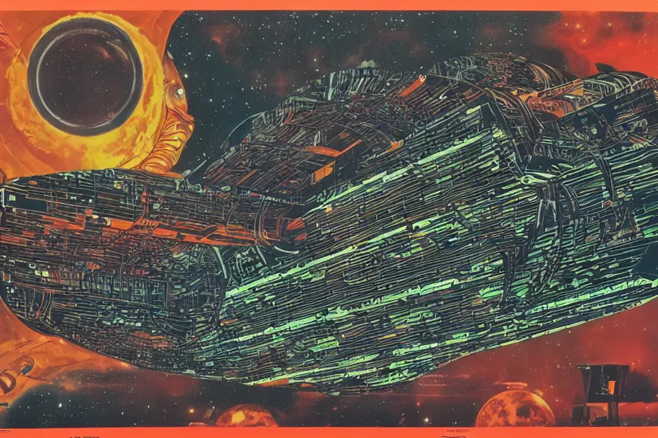 Image similar to a 1970s sci-fi poster of an alien spaceship made out of eurorack synthesizer modules