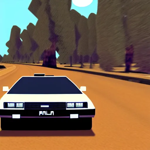 Prompt: back to the future delorean driving in old west, nintendo 6 4 screenshot, low poly, aliased