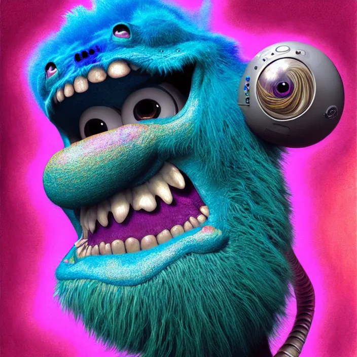 Prompt: psychedelic Sully from Monster’s Inc., Pixar, diffuse lighting, fantasy, intricate, elegant, highly detailed, lifelike, photorealistic, digital painting, artstation, illustration, concept art, smooth, sharp focus, art by John Collier and Albert Aublet and Krenz Cushart and Artem Demura and Alphonse Mucha