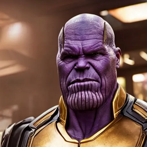 Image similar to film still of Thanos working as a Starbucks barista in the new Marvel movie, 4k