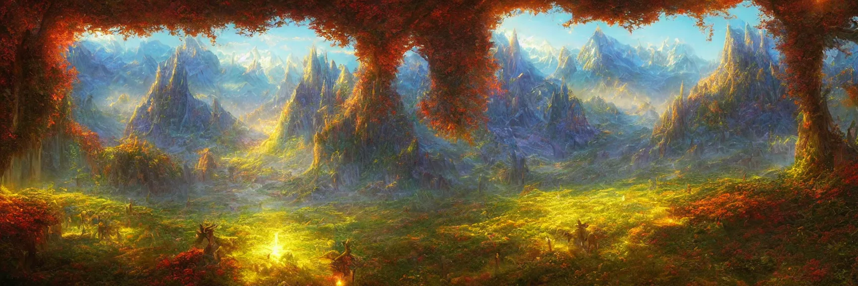 Prompt: a beautiful fantasy landscape painting of a magical panorama gilbert williams visionary art by john avon and marc simonetti and Mark Keathley, trending on artstation hq 8k